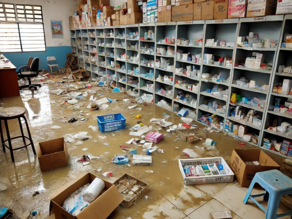 Así luce la farmacia del centro de salud de la colonia 3 de Mayo, después de que el agua se filtrara debido al mal estado del techo.