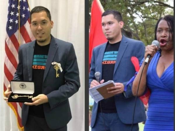 El dreamer hondureño Julio Enrique Calderón posando con las llaves de la ciudad de Miami, fotos: Cortesía.