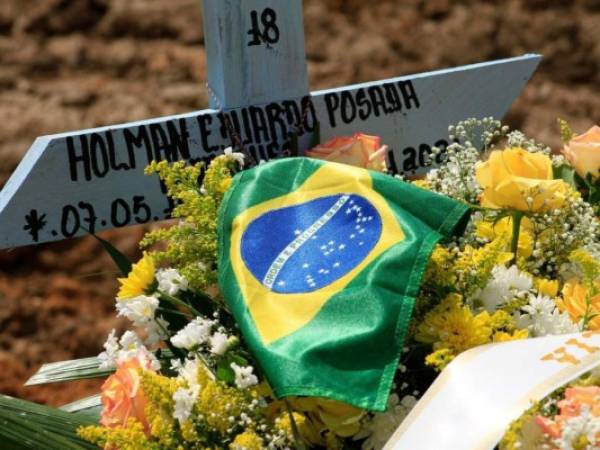 Vista de la tumba de una víctima de covid-19 con la bandera brasileña en el cementerio Nossa Senhora Aparecida en Manaus, estado de Amazonas, Brasil, el 22 de enero de 2021, en medio de la pandemia del nuevo coronavirus. Foto: AFP