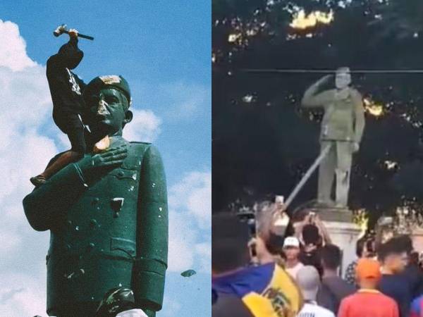 Manifestantes derribaron estatuas de Hugo Chávez en diferentes ciudades de Venezuela.