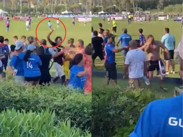 Momento en que un padre ataca a otro durante partido de fútbol.