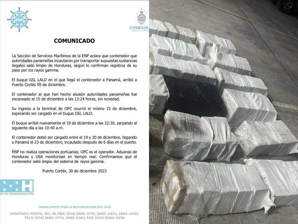 El buque zarpó cargado con el contenedor el día 20 de diciembre de Puerto Cortés, pero “salió limpio”, aseguran las autoridades.