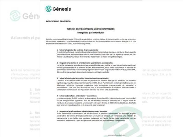 Génesis Energías S.A. aclara información reciente sobre su contrato de arrendamiento con la Empresa Nacional Portuaria (ENP)