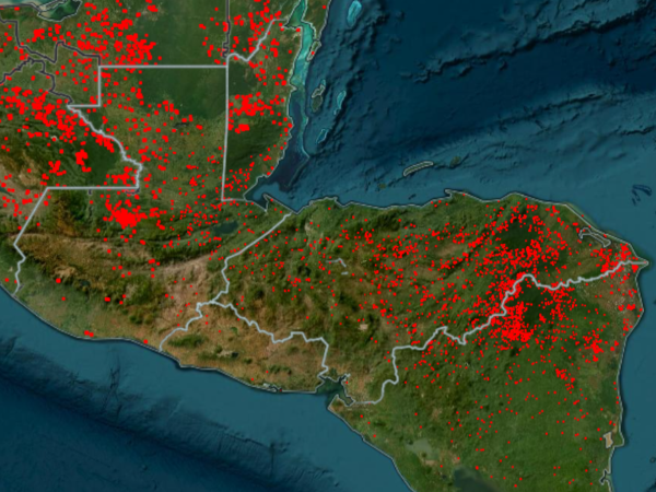 El mapa muestra los puntos de calor activos tanto en Honduras como en Guatemala.