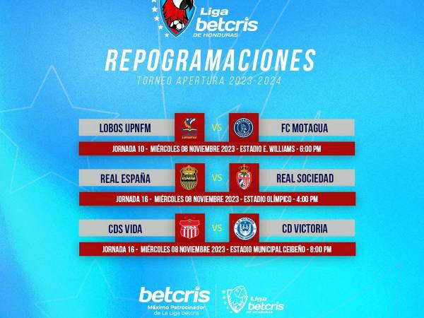 Otro partido que está reprogramado para ese día miércoles es el que enfrenta a los Lobos de la UPN y al Motagua, correspondiente a la fecha 10 del campeonato.