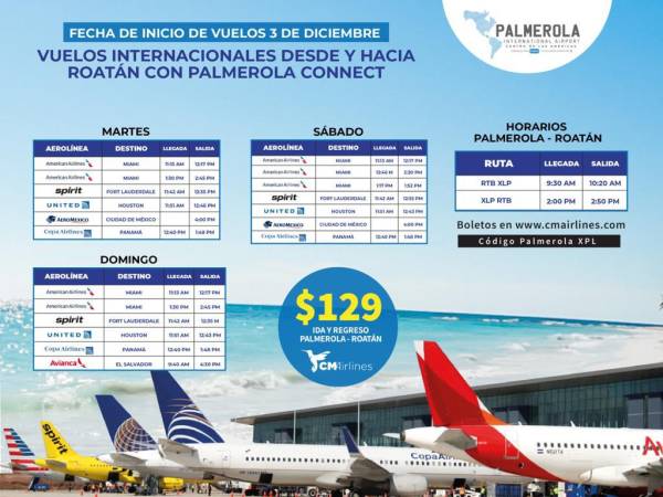 Vuelos internacionales desde y hacia Roatán con Palmerola Connect.