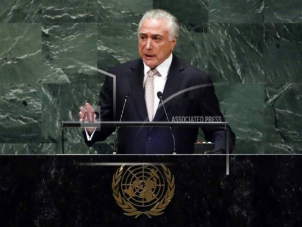 El presidente de Brasil, Michel Temer, se dirige a la 73 sesión de la Asamblea General de las Naciones Unidas, en la U.N. sede, martes, septiembre 25, 2018. (Foto AP / Richard Drew).