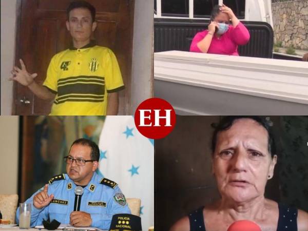 En la esquina superior izquierda: Wilson Pérez; en la derecha: su hermana Paola junto a su ataúd. En la esquina inferior izquierda: Gustavo Sánchez, director de la Policía; en la derecha: la madre de Wilson.