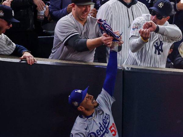 El hombre identificado como Austin Capobianco usó sus dos manos para quitarle la pelota a Mookie Betts, quien atrapó el esférico lanzado por Gleyber Torres.