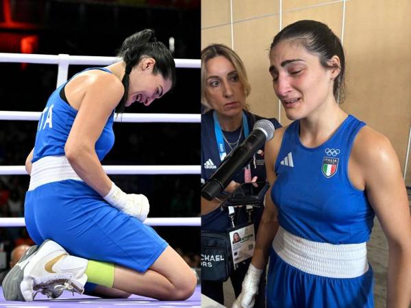 Angela Carini reacciona tras abandonar la pelea ante la boxeadora transgénero.