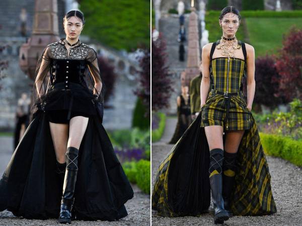 María Grazia Chiuri se convirtió en María, Reina de los Escoceses, por un día, liderando un ejército de modelos vestidas con encaje, terciopelo negro y tartán, y dejándolas sueltas en los grandiosos jardines de estilo italiano del Castillo Drummond del siglo XV en Escocia.