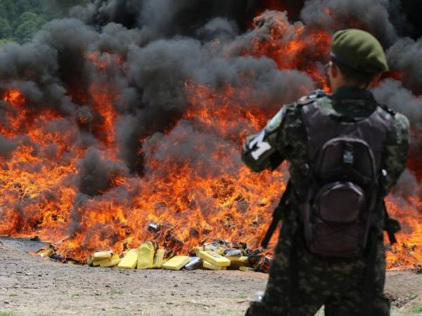 Las autoridades hondureñas incineraron este sábado 3 de agosto 100 fardos conteniendo 4,115 kilos de supuesta cocaína en las instalaciones de la Policía Militar del Orden Público (PMOP). Tres colombianos y dos hondureños fueron detenidos y permanecen en prisión.