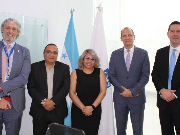 Richard Barathe, representante residente del PNUD en Honduras (cuarto de izquierda a derecha), se reunió con los comisionados de la Unidad de Financiamiento, Transparencia y Fiscalización (UFTF).