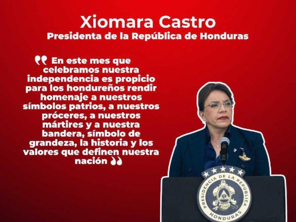 La presidenta Xiomara Castro participó en la izada de la Bandera Nacional este 1 de septiembre y se dirigió al pueblo con un discurso en donde resaltó su apoyo al Poder Judicial y al Ministerio Público, en un momento en donde su propia familia se encuentra en el ojo de las investigaciones tras que su cuñado reconociera haber sostenido una reunión con narcotraficantes. Aquí sus frases más destacadas.