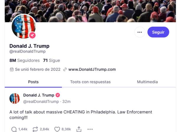 En la plataforma Truth Social, Trump hizo ecos de las presuntas denuncias de fraude en centros de votación de Filadelfia, Pensilvania.