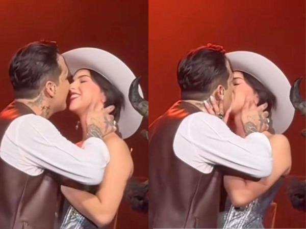 Christian Nodal y Ángela Aguilar se besan por primera vez en público durante concierto en México.