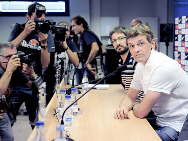 Barcelona's coach Tito Vilanova gives a press conference after the first training session of the season at the Sports Center FC Barcelona Joan Gamper in Sant Joan Despi, near Barcelona, on July 16, 2013. AFP PHOTO/ JOSEP LAGO