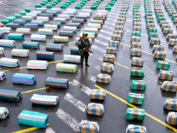 A Colombian member of a police anti-drugs unit stands guard next to marijuana packages displayed to the press, on March 26, 2013, in Cali, department of Valle del Cauca, Colombia. Police seized 7.7 tons of marijuana during the operation 'Republica 39', carried out between the municipalities of Tulua and Buga, who belonged to the Revolutionary Armed Forces of Colombia (FARC) guerrillas. The Director General of the National Police of Colombia, General Jose Roberto Leon Riano, said that 80 tons of marijuana and 36 tons of cocaine have been seized so far this year. AFP PHOTO/Luis ROBAYO