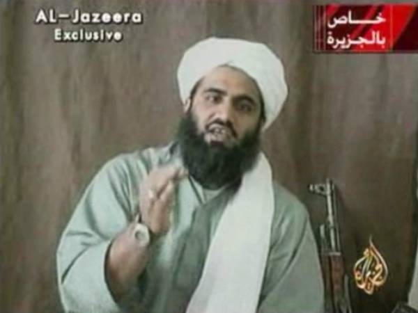 FILE - In this undated image made from video and provided by by Al-Jazeera, Sulaiman Abu Ghaith, is shown. Osama bin Laden's son-in-law and spokesman still maintains that there was justification for the September 11, 2001 attacks orchestrated by al-Qaida upon the United States. Sulaiman Abu Ghaith, who is being tried in a New York City courtroom for conspiring to kill Americans, is using courtroom theater, intentionally or not, to press his case that the United States is such a bully in the Middle East that even killing civilians was justified. (AP Photo/Al-Jazeera, File)