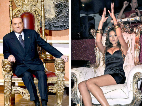 (FILES) This combo image made of two file pictures shows Italian Prime Minister Silvio Berlusconi (L) prior to the start of the 'Telecamere' (Tv cameras) programme of the RAI television channel and Moroccan Karima El Mahroug, nicknamed Ruby the Heartstealer in a nightclub. An Italian court was expected to deliver its verdict on June 24, 2013 on whether former premier Silvio Berlusconi paid for sex with 'Ruby the Heart Stealer', an underage prostitute, and abused his official powers to favour her. AFP PHOTO / FILES/ ALBERTO LINGRIA/GIUSEPPE ARESU