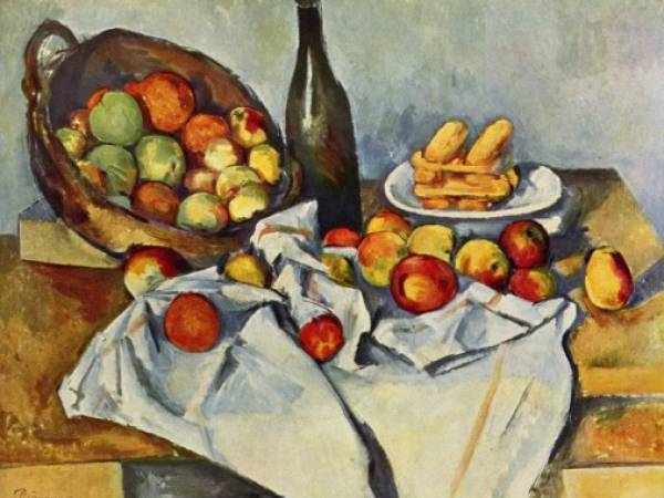 “Cesto de manzanas”, 1895. Extraña composición, aquí llegó a su fin la perspectiva renacentista, las manzanas no se caen porque una nueva gravedad las sostiene: la mirada de Cézanne.