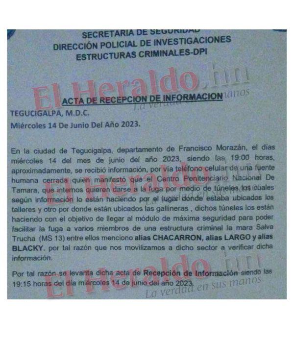 $!En esta acta de recepción de información de la DPI se estampó la primer denuncia que llegó a las autoridades sobre la construcción de túneles en la cárcel de Támara.