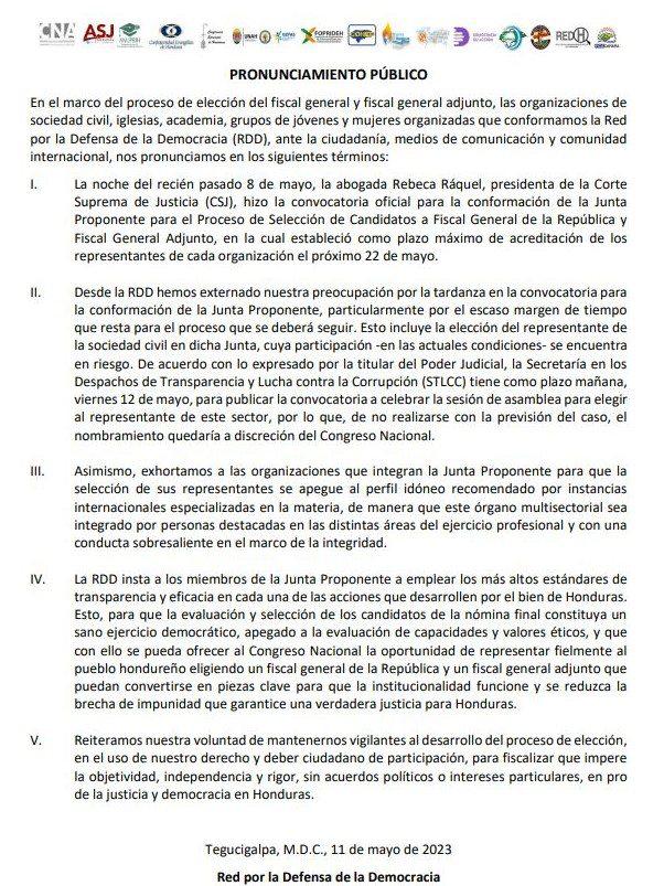 Este es el comunicado publicado por la Red por la Defensa de la Democracia.