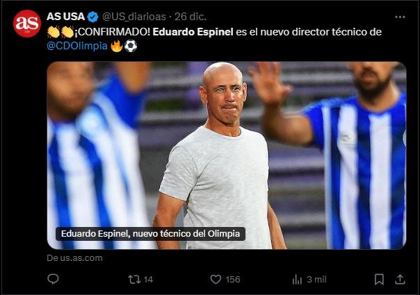 Lo que dicen los medios internacionales sobre Eduardo Espinel, nuevo técnico del Olimpia