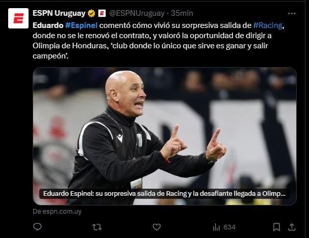 Lo que dicen los medios internacionales sobre Eduardo Espinel, nuevo técnico del Olimpia