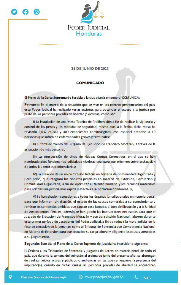 Las nuevas medidas que aplicará la Corte Suprema de Justicia en las cárceles de Honduras