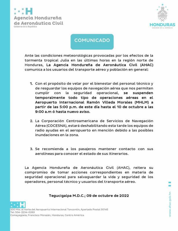 Suspenden operaciones en el Aeropuerto Ramón Villeda Morales por tormenta Julia