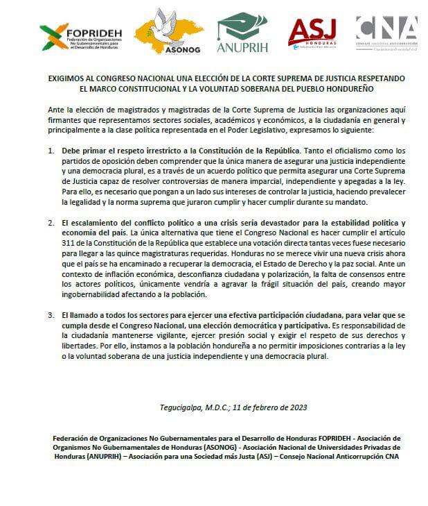 Comunidad internacional pide al Congreso Nacional una elección de la Corte Suprema democrática y transparente