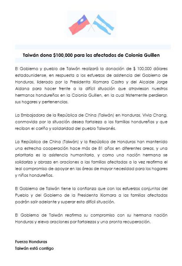 Afectados por falla en la colonia Guillén reciben donativo de Taiwán