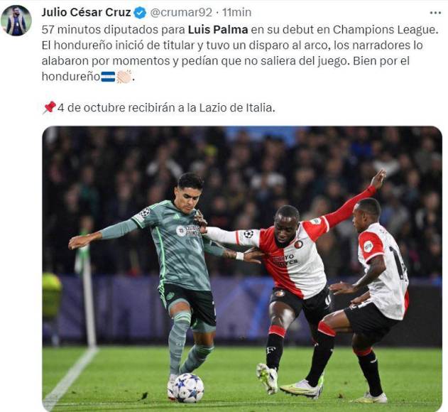 ”Superó muchos obstáculos”, “gran actuación”, “dio su primer paso”: prensa hondureña se rinde en elogios a Luis Palma tras debutar en Champions