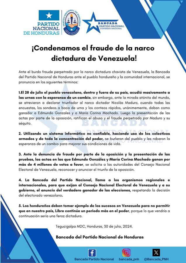 Bancada nacionalista califica de fraude los resultados electorales en Venezuela