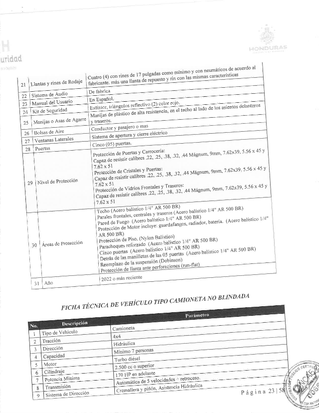 $!En la parte de arriba se puede observar las especificaciones solicitadas para las camionetas blindadas que requiere la Secretaría de Seguridad.