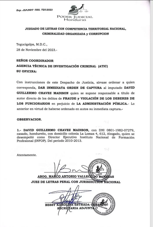 Orden de captura para el presidente del PN, David Chávez.