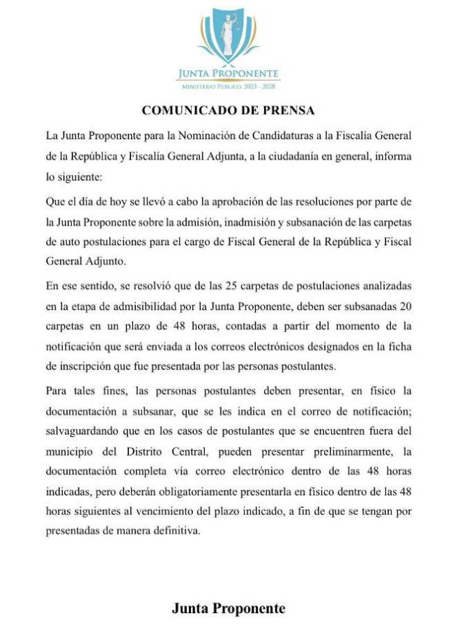 Este es el comunicado emitido por la Junta Proponente.