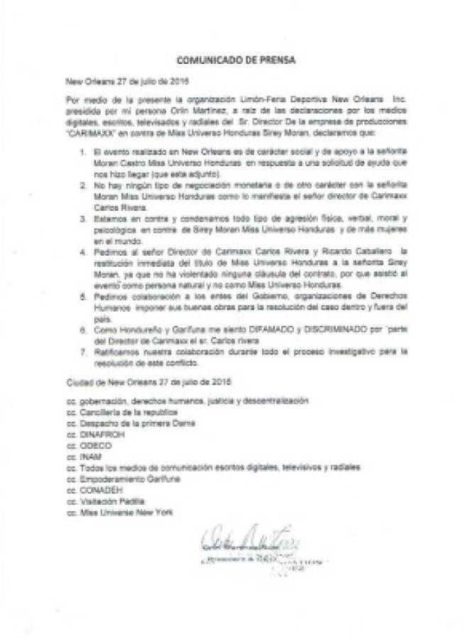 Comunicado de Prensa de la Comunidad Garífuna a favor de Miss Honduras.