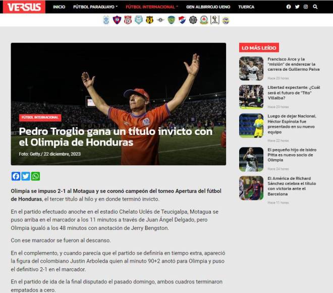 Prensa internacional destaca tricampeonato invicto del Olimpia de Troglio