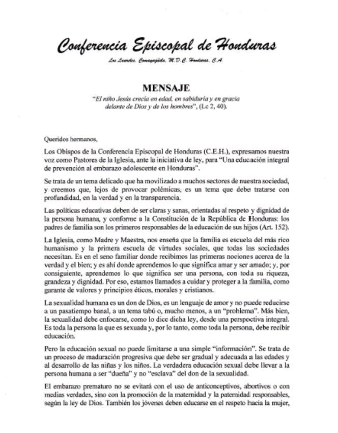 Mensaje de la Conferencia Episcopal de Honduras el 6 de julio de 2023