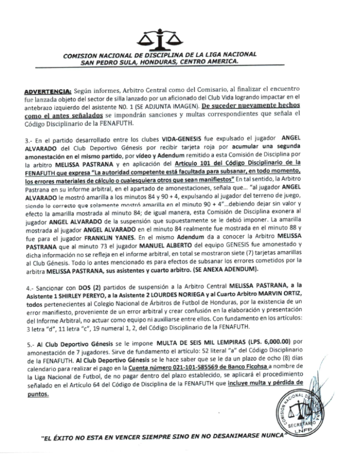 El castigo a Melissa Pastrana y su cuarteta arbitral. Los cuatro jueces arbitrales se perderán dos partidos.