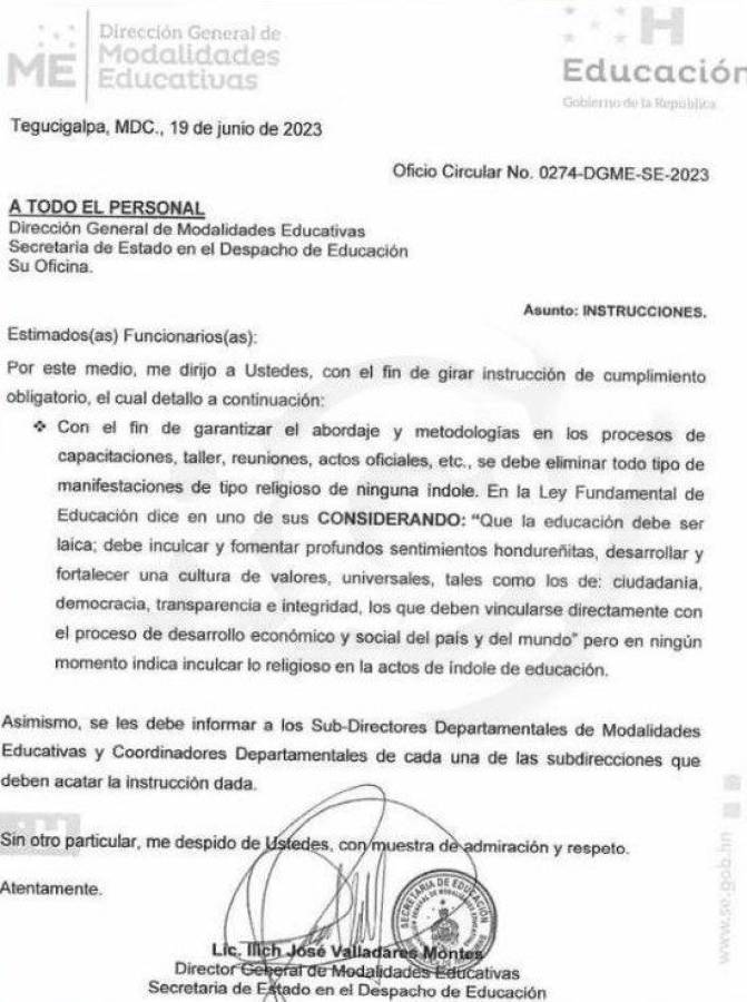 La circular fue firmado por Ilich Valladares, director general de modalidades Educativas.