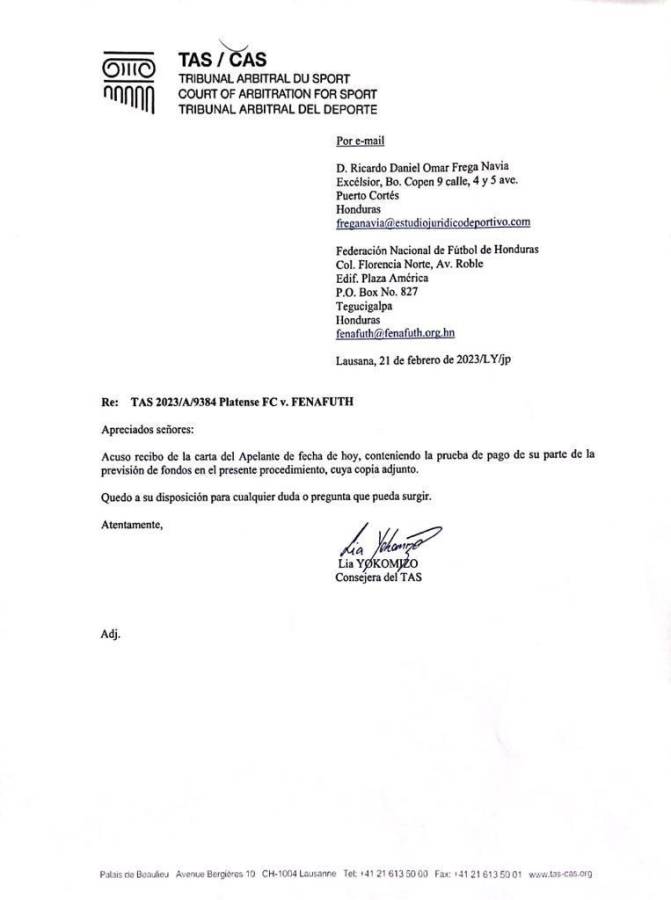 El Tribunal de Arbitraje del Deporte (TAS) acusó de recibido el monto.