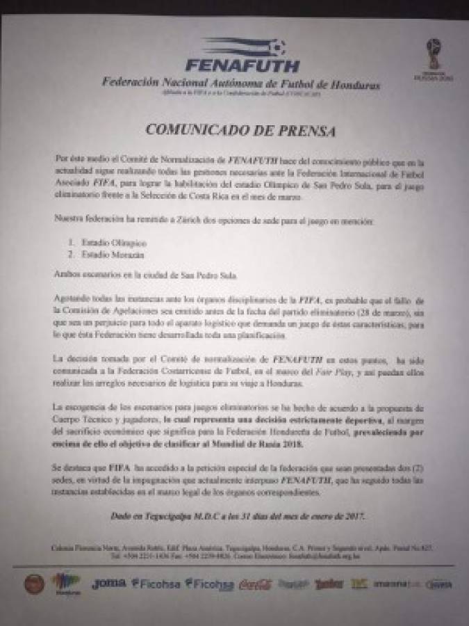 Oficial: La H jugará en San Pedro Sula ante Costa Rica