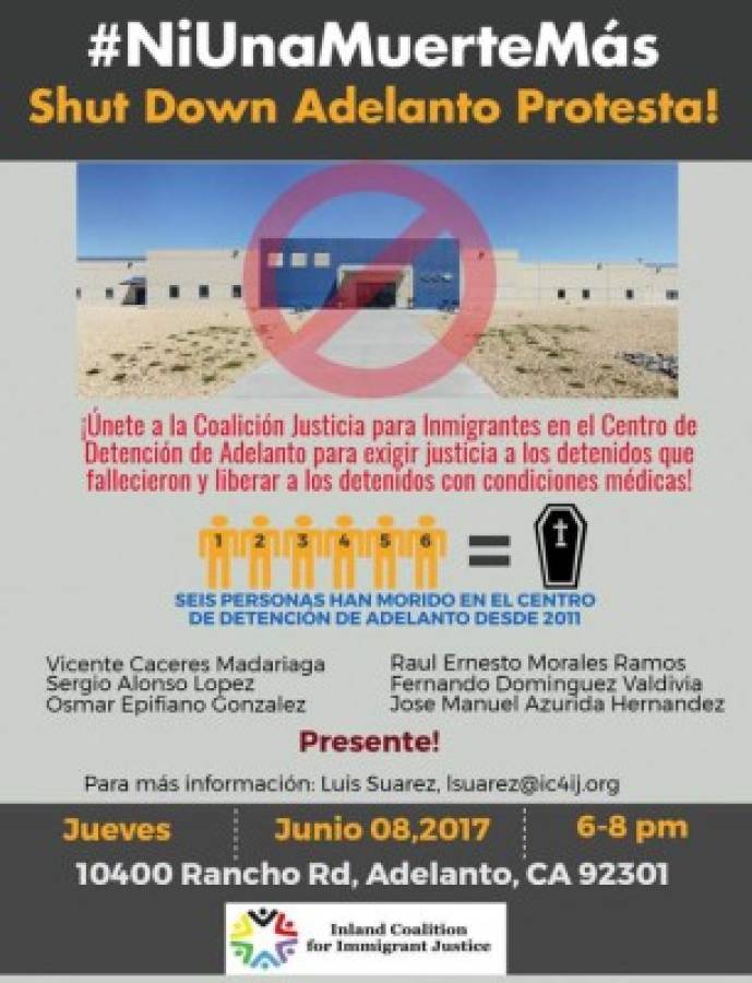 Convocatoria para el cierre del centro de detención de Adelanto, luego de registrarse la muerte de un hondureño.