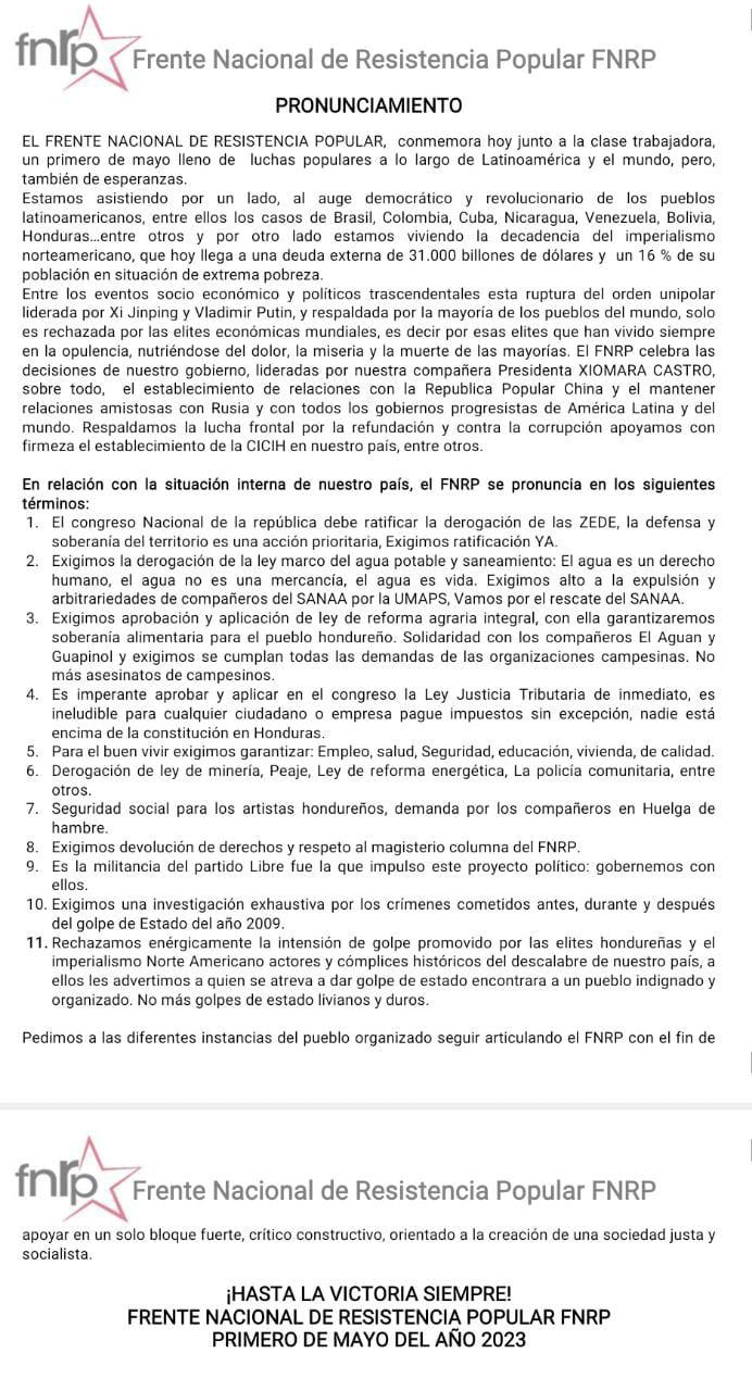 Frente de Resistencia realiza varias exigencias en conmemoración del Día del Trabajador