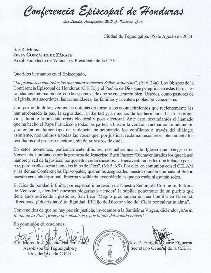 Conferencia Episcopal de Honduras sobre crisis en Venezuela: “No hay paz sin justicia”