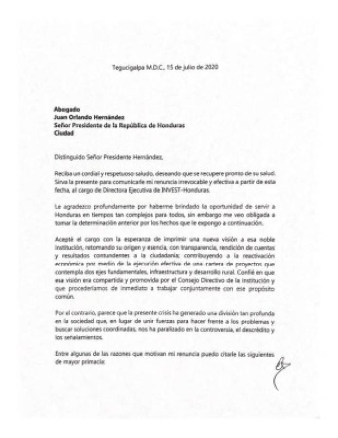 La carta de renuncia de Evelyn Bautista al cargo de directora de Invest-H