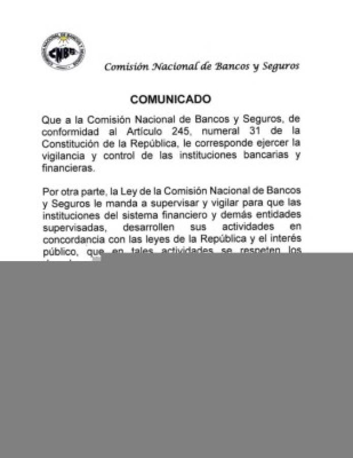 Comunicado Comisión Nacional de Bancos y Seguros, caso Rosenthal